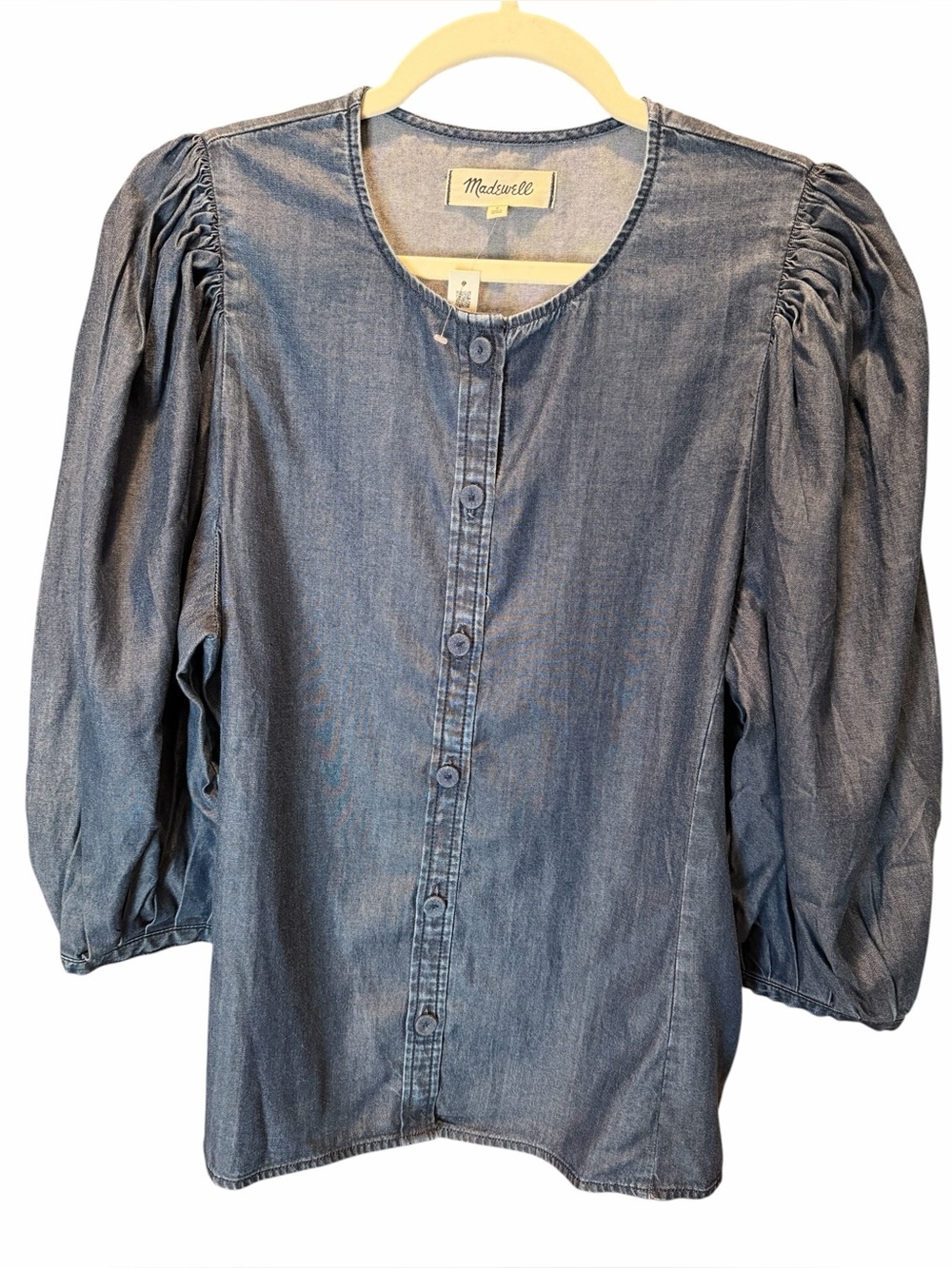 Madewell Indigo Denim Puff-Sleeve Button Front Top - Picture 2 of 6